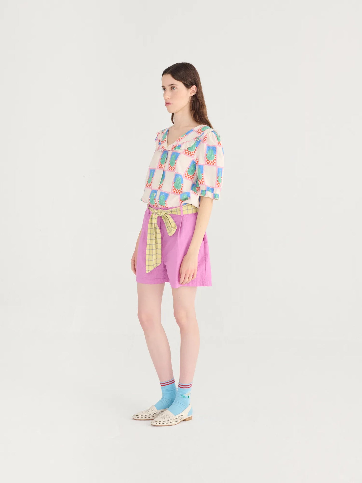 Pleated seersuker shorts