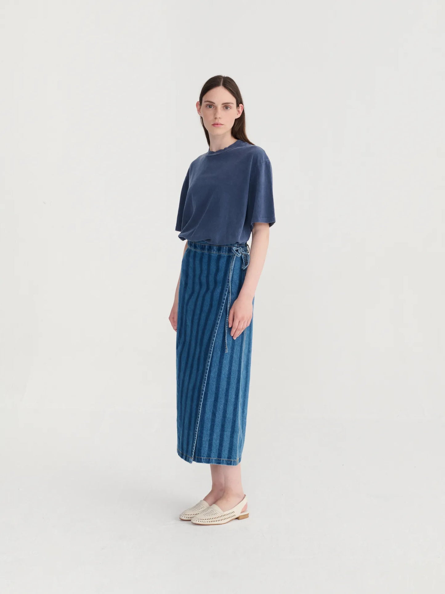Striped denim wrap skirt