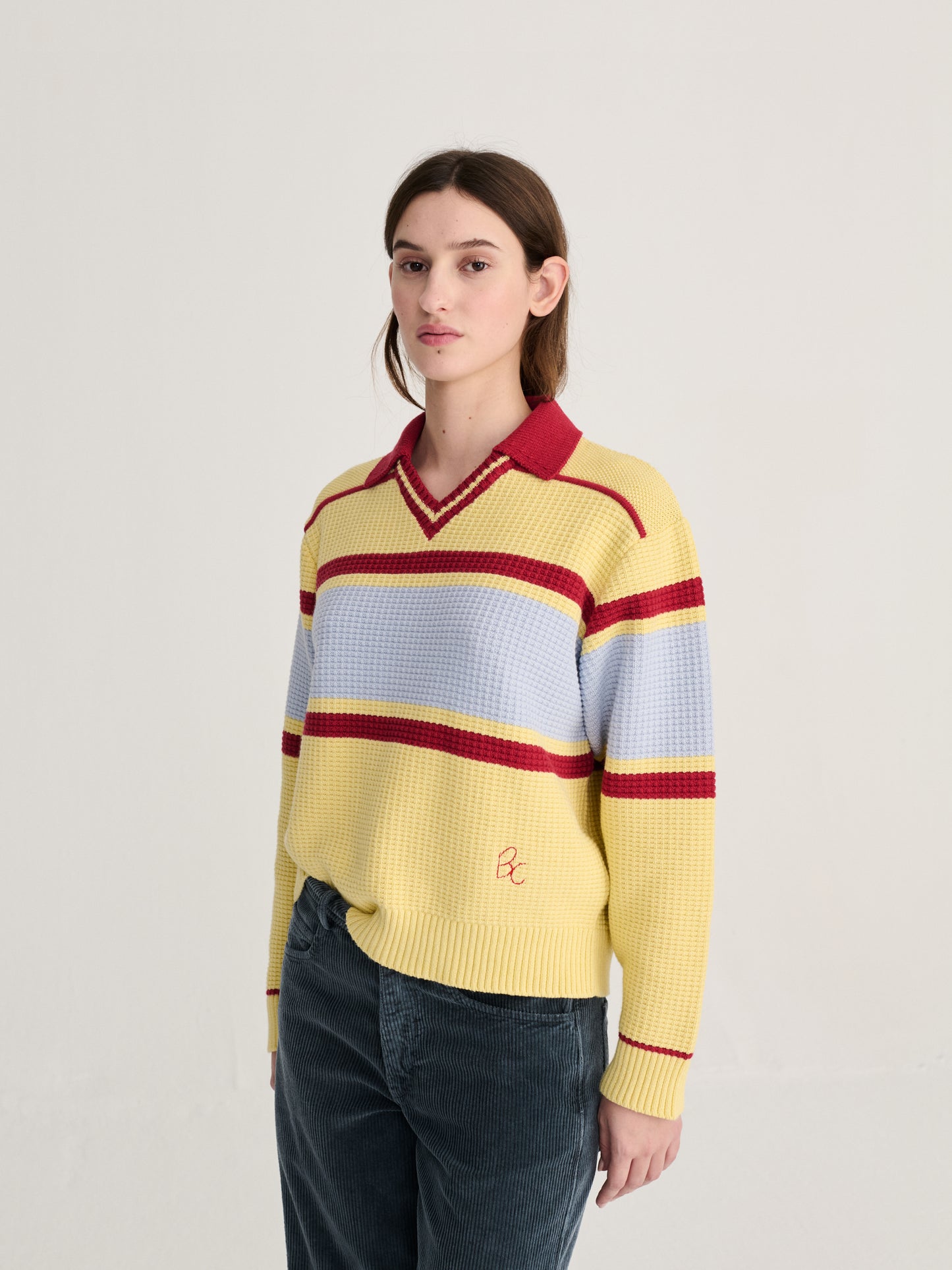 Pull polo structuré en laine et coton