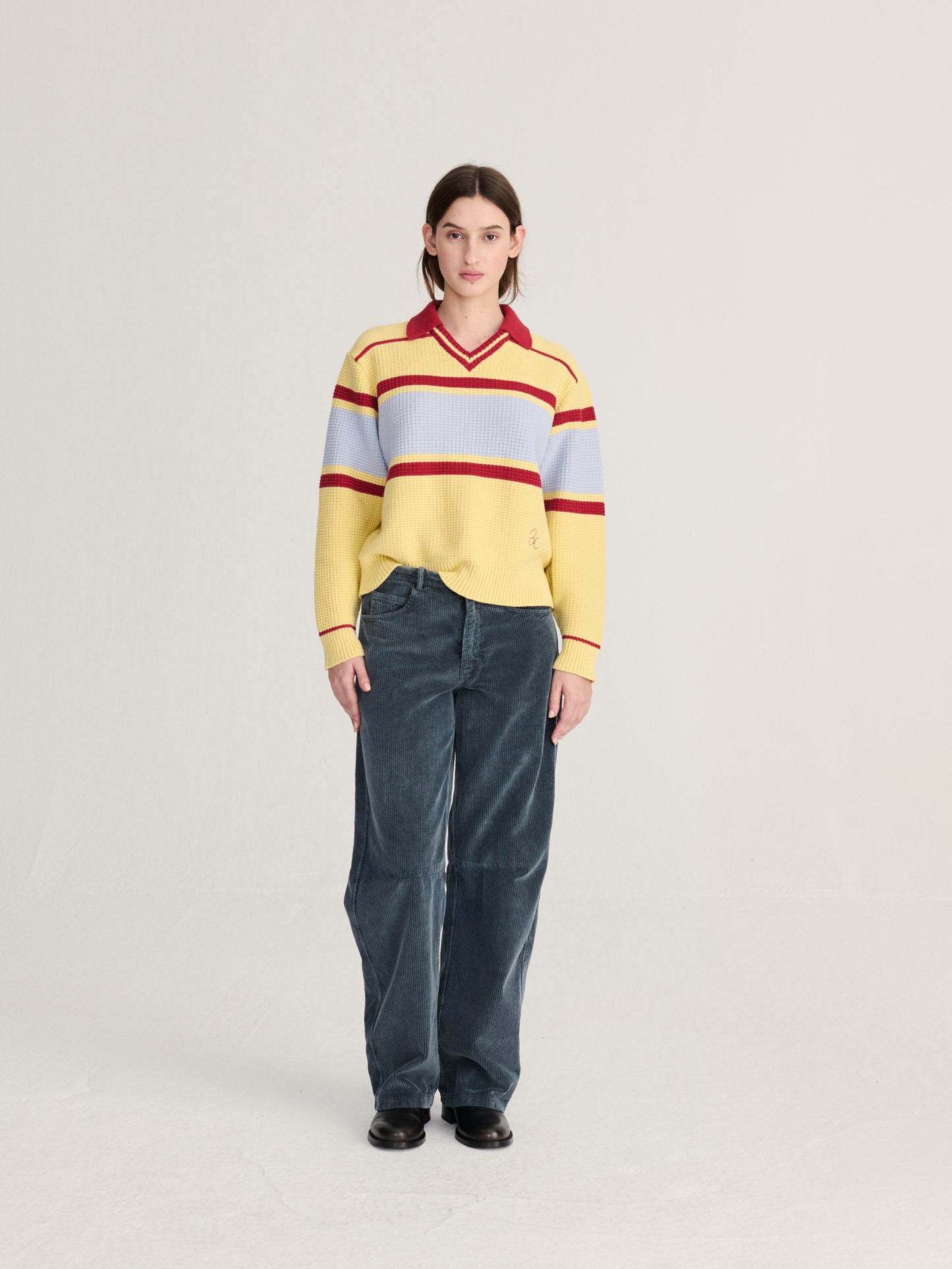 Pull polo structuré en laine et coton