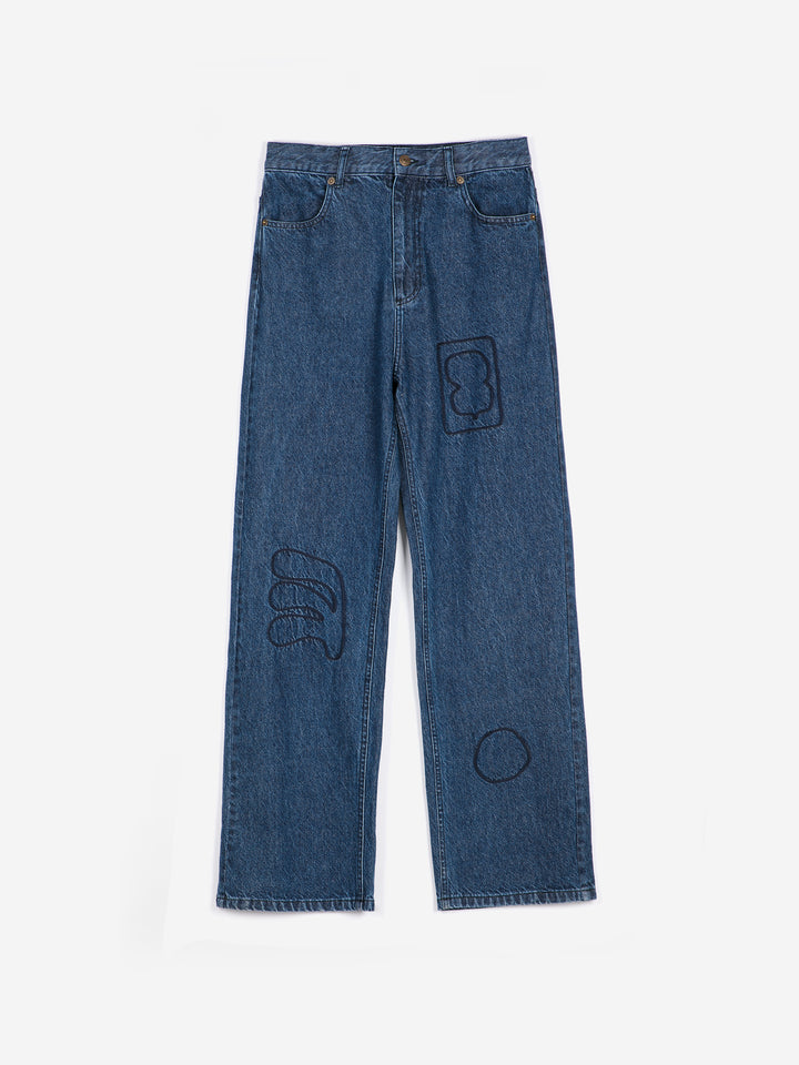 Embroidery washed mid-waist jeans