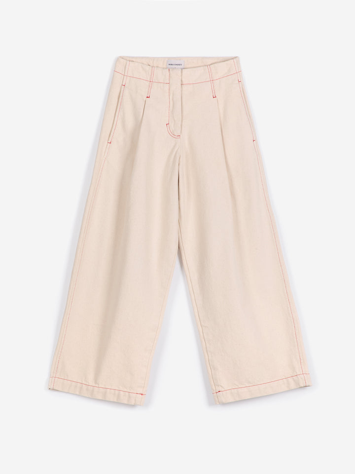 Ecru twill pleated barrel pants